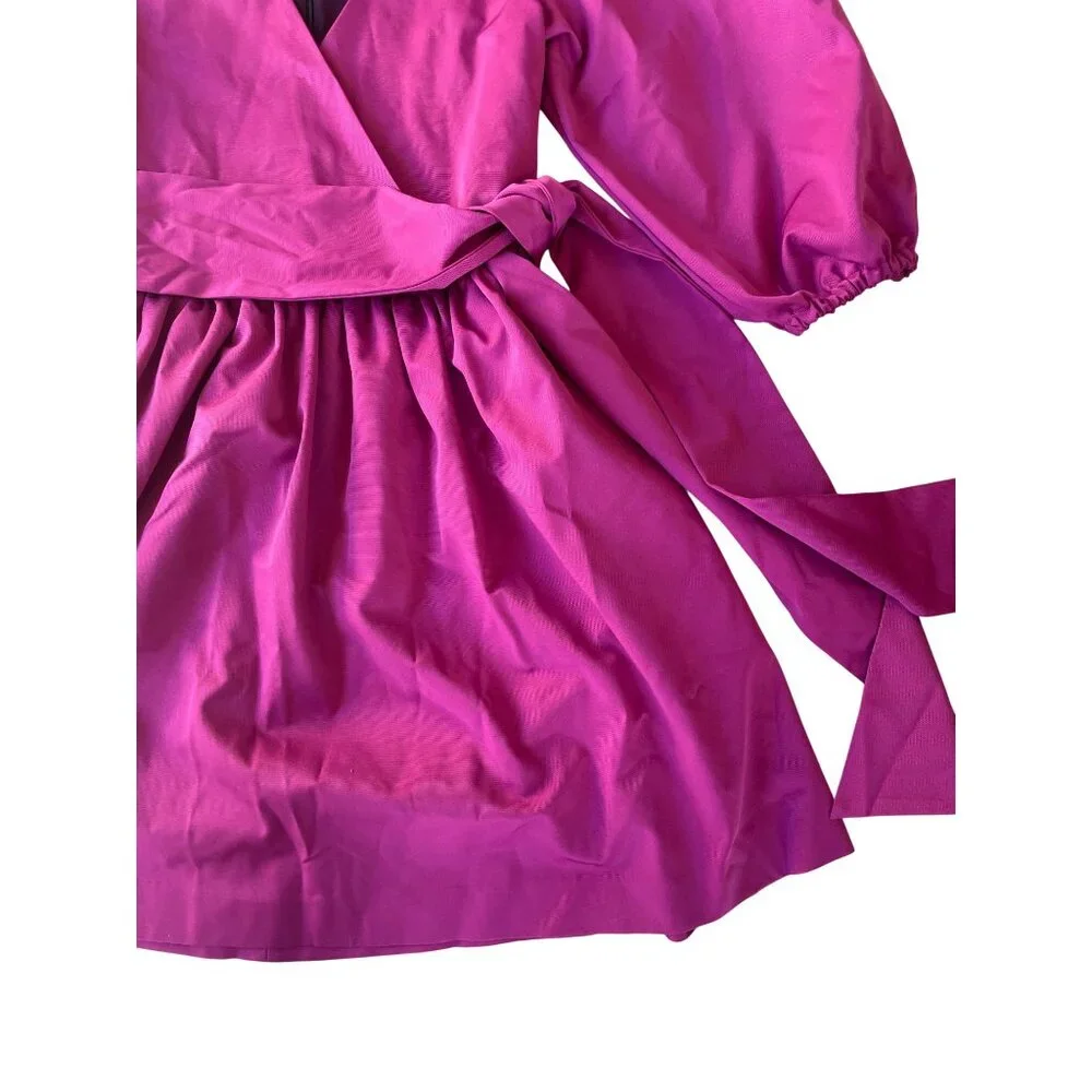 LaRoque Emma Small Puff Sleeve Mini Dress Magenta Fuchsia Cotton V-Neck Tie Wais - Picture 3 of 10